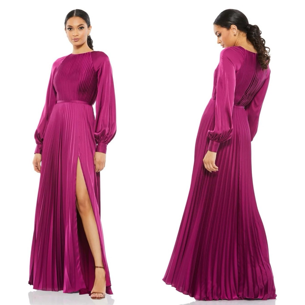 New Mac Duggal Pleated High Neck Raglan Long Sleeve Side Slit Gown Berry Pink 8